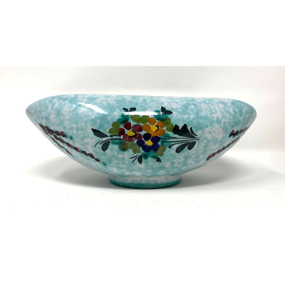 Vintage Italian Signed M.N. Co. Rolled Edge Gravy Floral Bowl Floral Green 9"